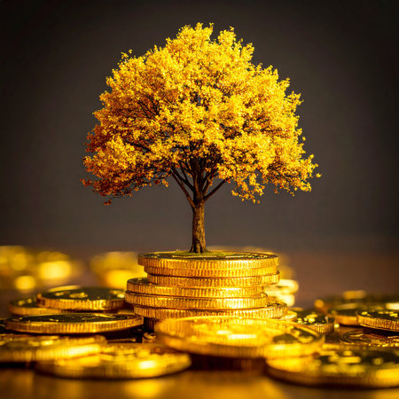 A golden money tree grows from stacked gold coins, with more gold coins scattered in the foreground.の素材