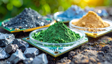 Assorted colorful powders and raw materials are displayed on circuit boards in an outdoor setting with bokeh.の素材