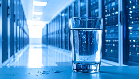A glass of clear water sits on a reflective surface in front of rows of glowing blue server racks.の素材
