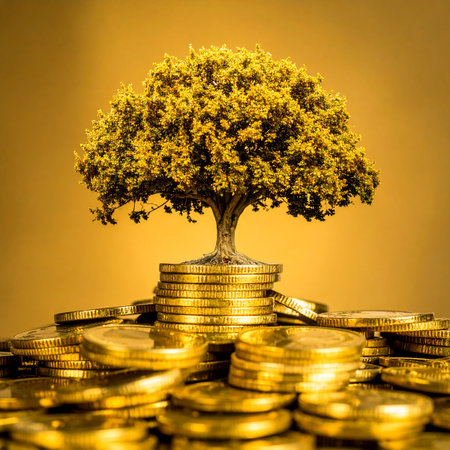 A golden money tree is positioned on top of stacked gold coins, against a solid golden background.の素材