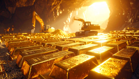 Numerous gold bars are neatly arranged in a mine with excavators working in the background.の素材