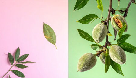Almond branch with unripe fruit and single leaf on pink background, split with green background.の素材