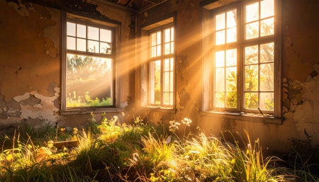 Sunlight streams through windows of an abandoned room, illuminating overgrown plants and decaying walls.の素材