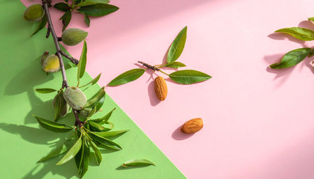 Almonds on branches and loose almonds on a pink and green background with shadows.の素材