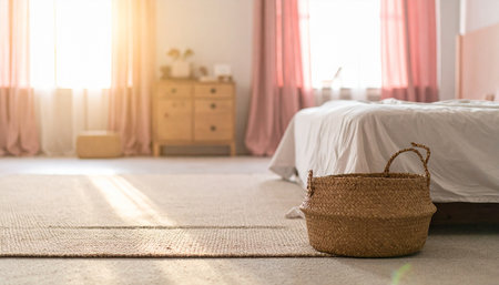 Bright bedroom interior with pink curtains, a bed, and a wicker basket in the foreground.の素材