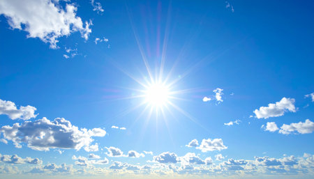 A bright sun shines with radiant light rays in a clear blue sky filled with fluffy white clouds and a lens flare.の素材