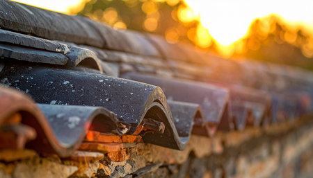 Close up of weathered terracotta roof tiles with a blurred golden sunset in the background.の素材