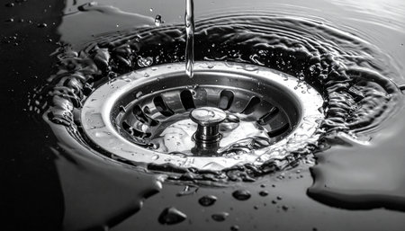 Close-up black and white of water flowing into a kitchen sink drain with splashes Clear details and vibrant co...の素材