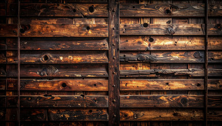 A detailed close-up of weathered wooden planks featuring metal rivets and prominent knots.の素材