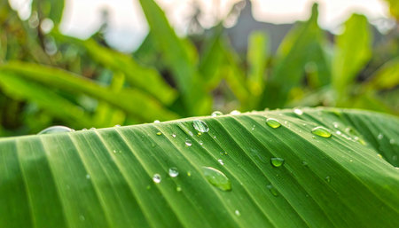 Close-up of a green banana leaf with numerous water droplets, showcasing its texture and veins.の素材