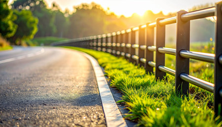 A curved asphalt road bordered by a decorative fence and sunlit green grass during sunrise.の素材