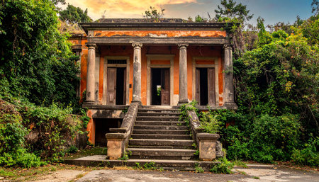 A dilapidated orange mansion with columns, overgrown jungle vegetation, and a grand entrance.の素材