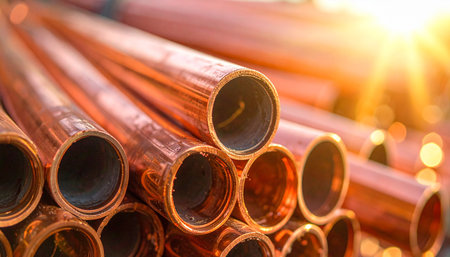 A stack of copper pipes outdoors, illuminated by warm sunlight creating a lens flare effect, emphasizing...の素材