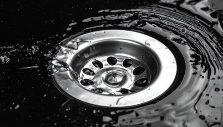 Close-up of water flowing into a shiny stainless steel sink drain with visible splashes.の素材