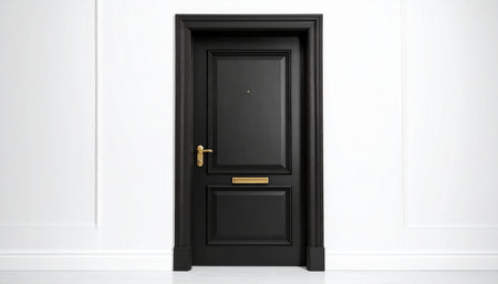 A closed black wooden door with gold hardware stands against white paneled walls and a white baseboard.の素材