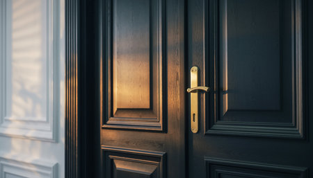 Dark wood door with brass handle and lock illuminated by warm sunlight casting shadowsの素材
