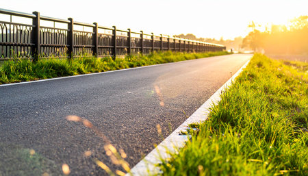 Empty asphalt road with green grass and a fence at sunrise, bathed in warm golden light.の素材