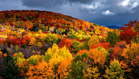 A hillside is covered in a dense forest displaying vibrant red, orange, yellow, and green autumn foliage.の素材