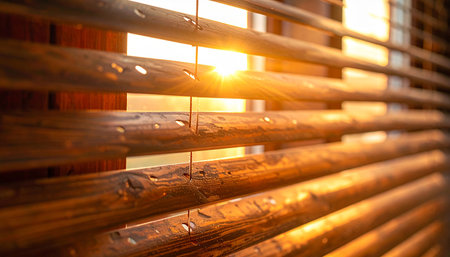 Golden sunbeams stream through wooden blinds, casting warm light and dramatic shadows across the room.の素材
