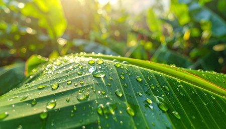 A macro shot captures numerous water droplets on a textured green banana leaf with bright sunlight.の素材