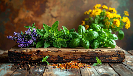 Fresh lavender, basil, and oregano with scattered spices on a rustic wooden cutting board.の素材