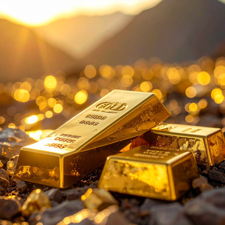 Three gleaming gold bars are arranged on rocks, with blurred golden lights in the background.の素材