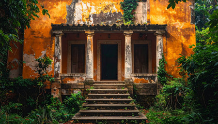An abandoned orange house with classical columns and a jungle-covered entrance features crumbling walls and...の素材