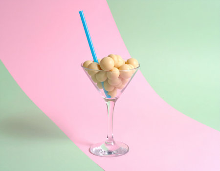 A martini glass filled with white candies and a blue straw against a diagonal pastel pink and green background.の素材