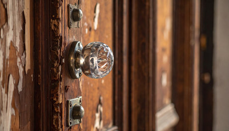 An ornate crystal doorknob on a distressed wooden door with visible metal hardware.の素材