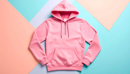 A pink zip-up hooded sweatshirt with a kangaroo pocket is shown against a background of peach and blue...の素材
