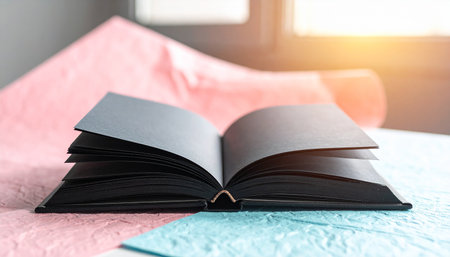 An open black book sits on a textured pink and blue surface, illuminated by a bright sunlight flare.の素材
