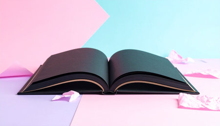 An open black book lies on a pastel pink and purple surface with scattered crumpled pink paper pieces.の素材