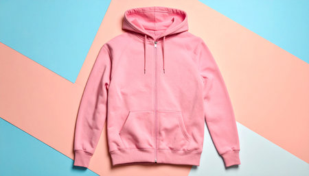 A pink zip-up hoodie with pockets is displayed flat on a geometric background of peach and blue colors.の素材