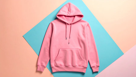 A pink hoodie with drawstrings is presented flat on a geometric background of peach and teal colors.の素材
