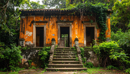 An orange ruined house with a crumbling facade and stone steps is enveloped by dense, overgrown jungle...の素材