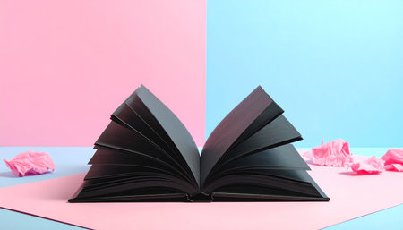 An open black book sits on a pink surface against a split pink and blue background with crumpled paper.の素材