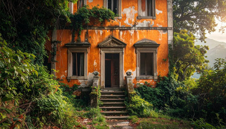 An orange weathered building with an open doorway, surrounded by dense green foliage and vines.の素材