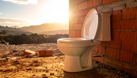 An open white toilet seat is seen against an unfinished brick wall with sunrise light over a hilly landscape.の素材