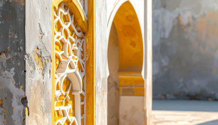 Close-up of a weathered Islamic architectural detail with ornate yellow and white geometric patterns.の素材