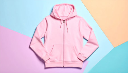 A pink zip-up hoodie featuring a front kangaroo pocket is laid out on a pastel geometric background.の素材