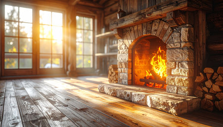 Close-up of a stone fireplace with a roaring fire in a rustic log cabin, sunbeams entering through windows.の素材