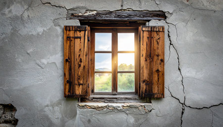 Rustic wooden shutters frame an old, cracked stone window revealing a sunlit landscape view.の素材