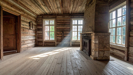 Sunlit rustic log cabin interior with a stone fireplace, wooden door, and wooden plank walls.の素材