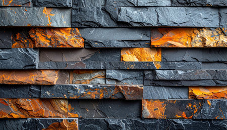 Stacked stone wall with alternating dark gray and vibrant orange textured layers Clear details and vibrant col...の素材
