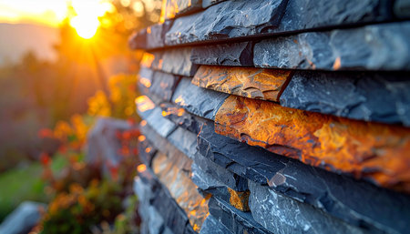 A stacked slate wall with warm sunset light illuminating its textured and layered surface.の素材
