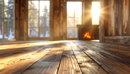 Sunbeams illuminate a wooden floor in a rustic cabin, with a fireplace and a snowy forest visible through the...の素材