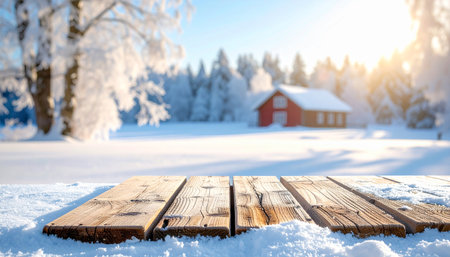 A wooden table covered in snow with a winter landscape and red cabin in the backgroundの素材