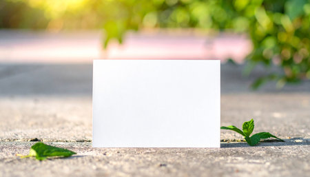 A white card is placed on concrete with green leaves and a sunlit blurred background.の素材