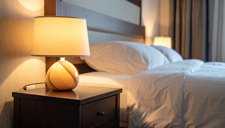 A hotel bedroom with a decorative glass bedside lamp casting a warm light on the white bedding.の素材