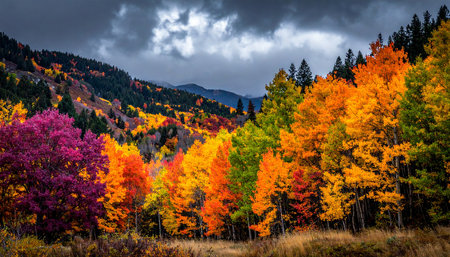 A vibrant autumn forest with trees displaying red, orange, yellow, and purple foliage under a dramatic cloudy...の素材
